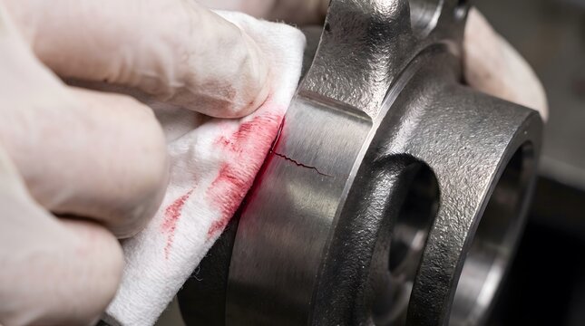 Liquid penetrant testing revealing crack on steel component