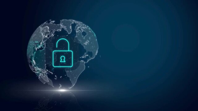 Glowing digital padlock on a holographic globe representing global network security and cyber data protection