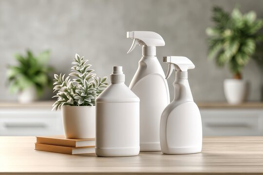 Cleaning supplies, on a neutral surface with soft studio light and clean shadows