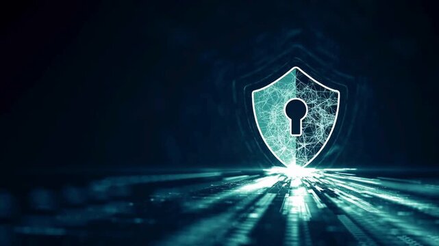Glowing cyber security shield lock representing data protection and network safety animation