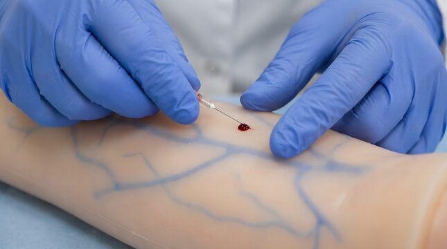 Medical student practicing blood draw on training arm