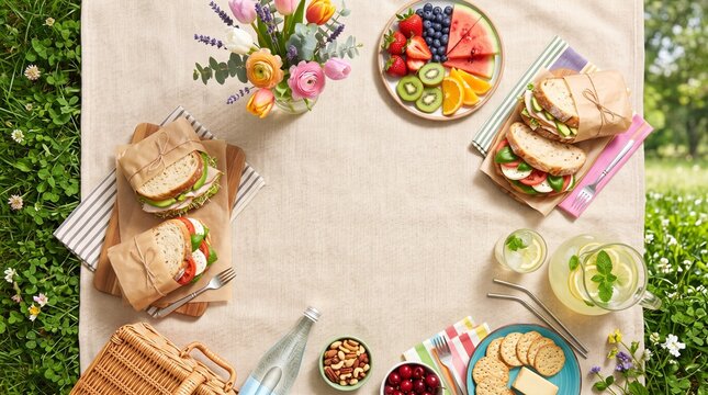 Outdoor picnic spread with sandwiches fruit drinks and flowers on a blanket