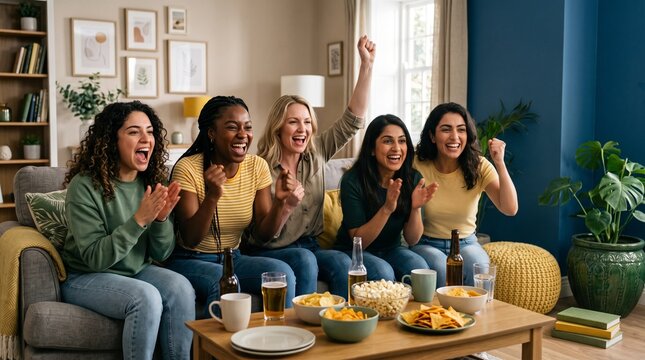 Diverse group of women cheering and celebrating while watching sports on TV at home