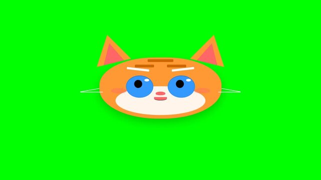 Animated Orange Cat Head Character Talking on Green Screen Background.