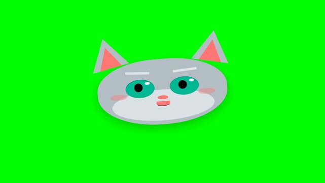 Cute Animated Grey Cat Head Talking on Green Screen Background.