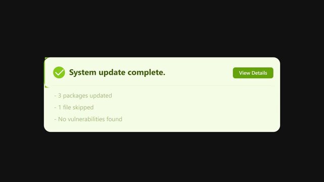 System update complete notification pop up animation on dark background