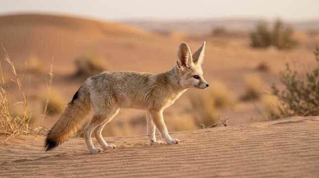 fennec fox standing in the middle of a hot sand desert during a sunny day