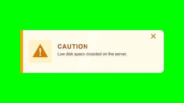 Server low disk space caution notification on green screen