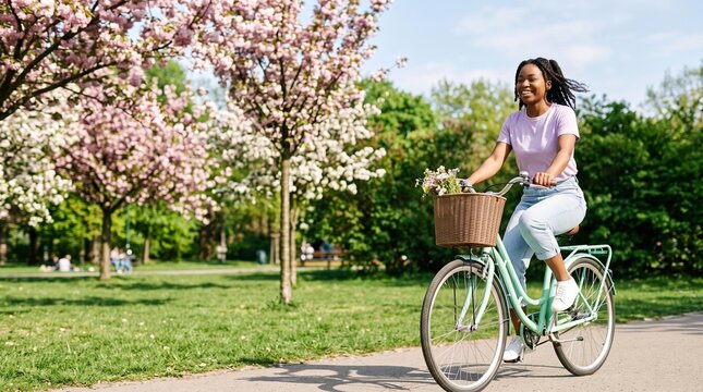 Woman riding bicycle with flowers in basket during spring in park
