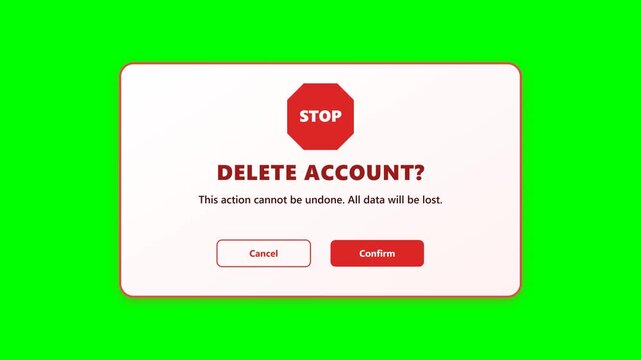 Delete account popup window animation on green screen background