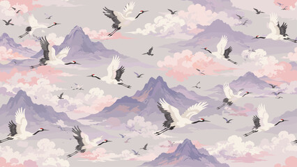 Obraz premium Elegant cranes soaring through pastel clouds and misty mountains