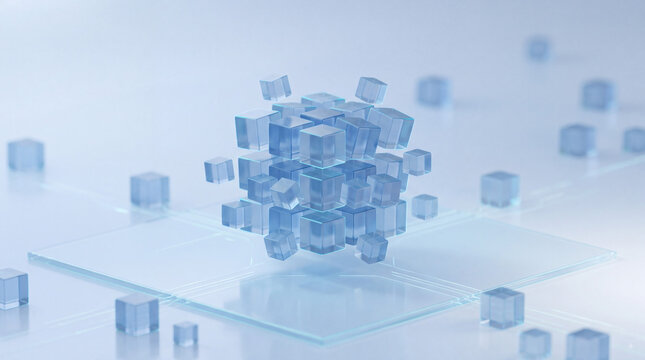 Abstract blue glass cubes floating above a digital circuit platform, futuristic cloud computing and blockchain technology concept with translucent geometric network