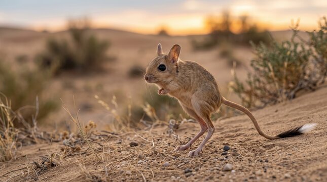 jerboa standing on the sand in the desert during a warm golden sunset