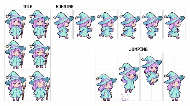  Pixel Art Fantasy Wizard Character Sprite Sheet - Idle, Run, and Jump Animation Frames
Cute Anime Mage Apprentice 2D Pixel Art Game Asset
