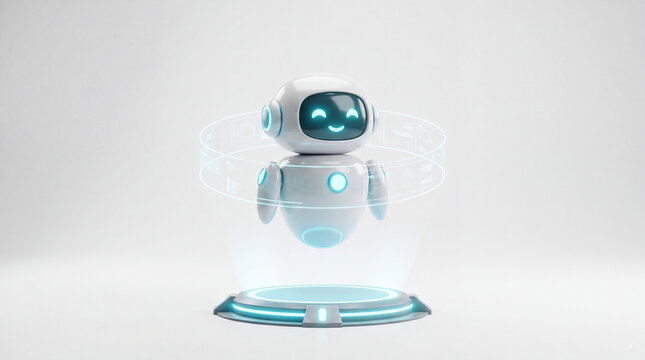 Cute futuristic robot assistant hovering above glowing platform with holographic interface, friendly AI chatbot concept on clean white background