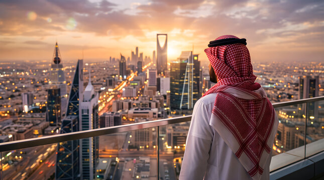Saudi Businessman Standing on Rooftop Balcony Looking at Riyadh Skyline and Kingdom Tower During Sunset