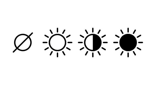 Set of brightness and contrast level icons, sun symbols with different fill levels for screen settings, user interface, and display adjustment, vector illustration isolated on transparent background