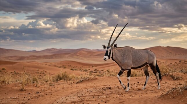 A single oryx antelope walking through the dry desert landscape during a cloudy sunset