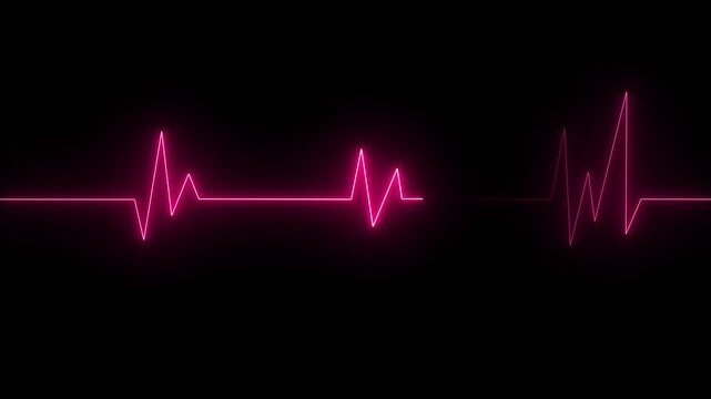 Abstract glowing neon heartbeat icon animation with ECG pulse line on black background, medical heart rate signal motion graphic, 4K animation