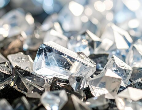 Close-up of sparkling clear crystal shards and fragments