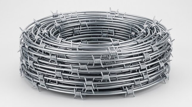 New coil of galvanized barbed wire on neutral background