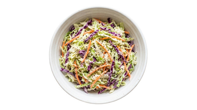 Top view of a bowl of fresh coleslaw salad with shredded cabbage, carrots, and creamy dressing, isolated on transparent background