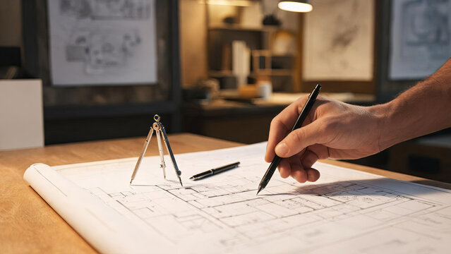 A person draws on an architectural blueprint placed on a wooden desk, with drafting tools nearby in an indoor workspace.