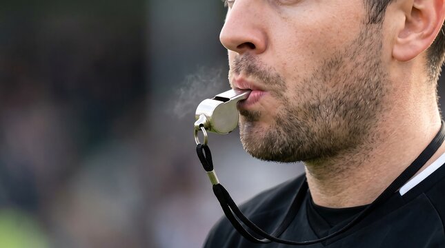 Referee blowing a silver whistle during a match