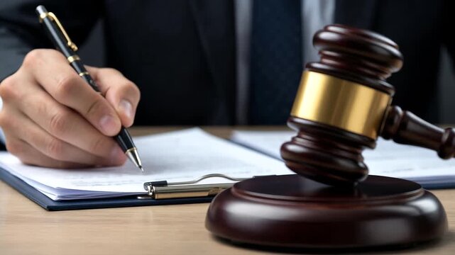 Professional lawyer signing legal documents with a wooden gavel on the desk in the background