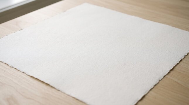 Blank white textured handmade paper on a light wooden table