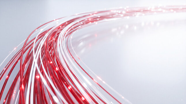 Abstract red and white fiber optic light trails curving across a bright background, technology network cables with glowing data stream concept