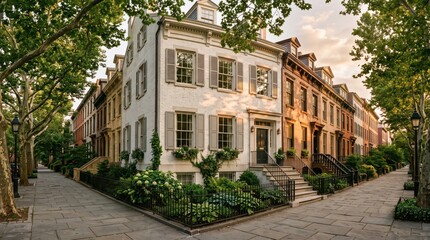 Fototapeta premium White brick corner row house with garden and lampposts