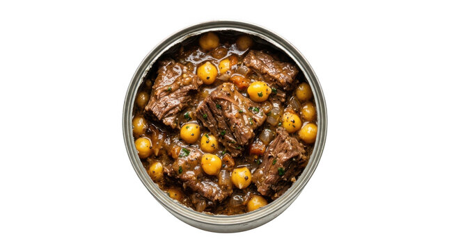 Top view of a tin can filled with a hearty beef and chickpea stew, featuring tender chunks of meat and legumes in a rich, savory sauce, isolated on transparent background