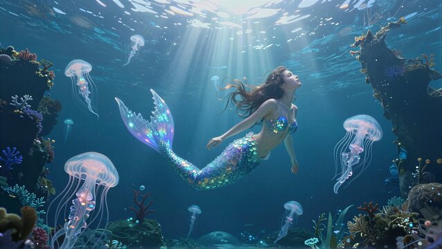 A mermaid swims gracefully underwater, surrounded by glowing jellyfish and sunbeams.