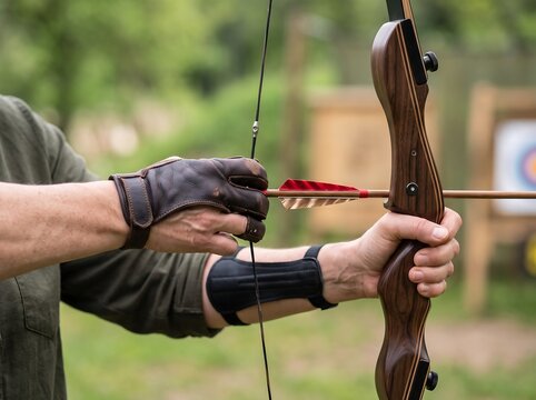 Archer hands aiming a wooden recurve bow with an arrow outdoor