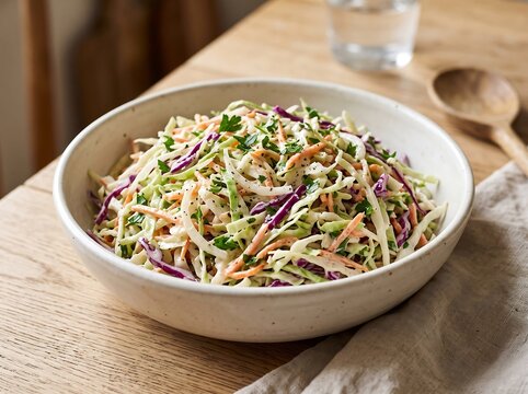 Fresh homemade coleslaw salad in a ceramic bowl on a wooden table
