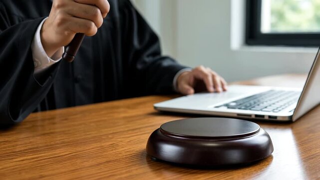 Judge using wooden gavel and laptop for online court hearing and legal justice system