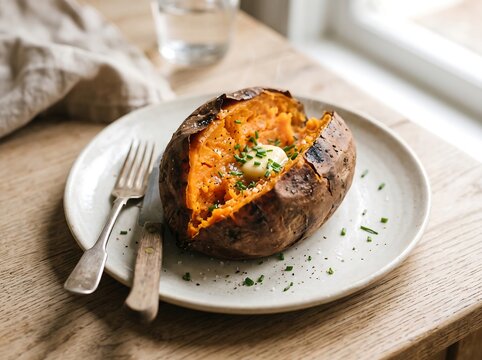 Freshly baked sweet potato with melting butter and chives