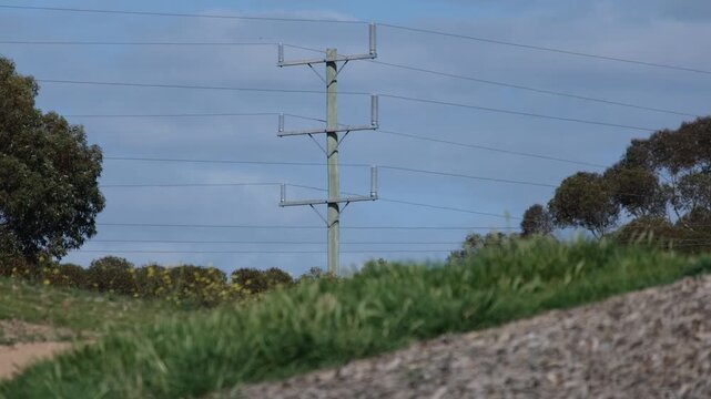 A power pole with high-voltage electricity cables standing over a grassy mound and eucalyptus trees against a blue sky in Bacchus Marsh, Victoria, Australia.