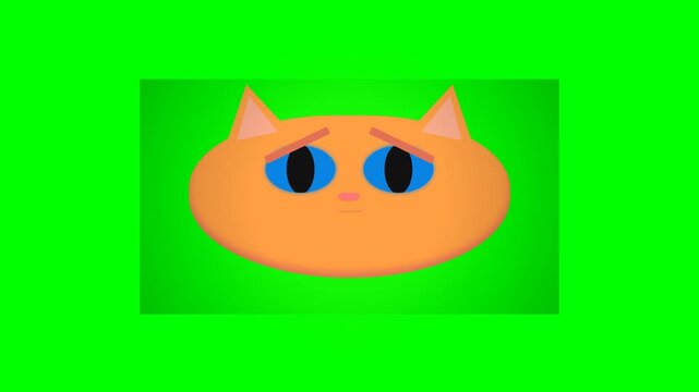 Animated Orange Cat Face Expressing Sadness on Green Screen Background.