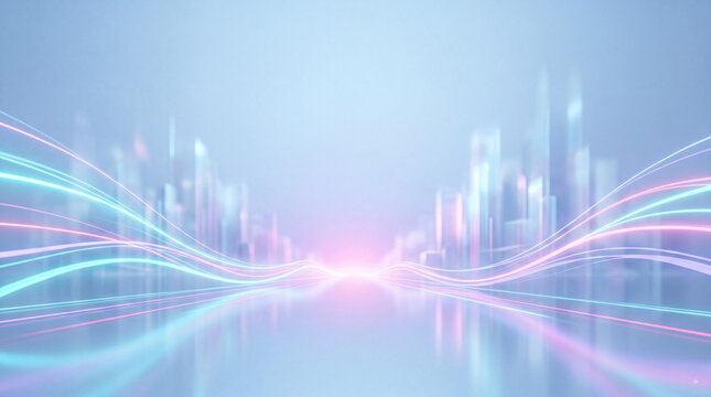 Abstract futuristic city skyline with flowing neon light trails, pastel glow and reflective surface, technology background for innovation concepts