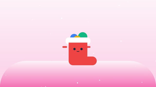 Animated Red Christmas Stocking Character Floating on Pink Background.