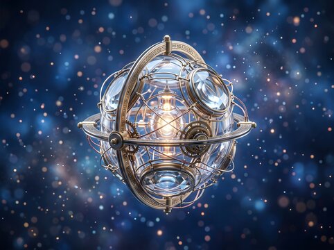 Intricate steampunk celestial sphere glows against blue star field