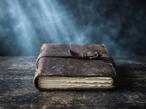 Vintage leather journal with strap on rustic wood in atmospheric light