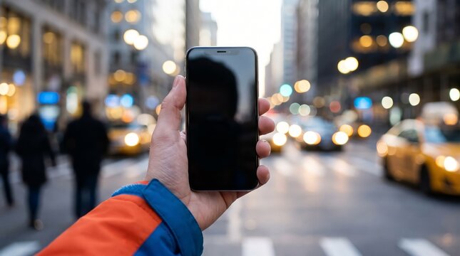 A person holding a modern smartphone with a blank screen on a busy city street with blurred traffic and pedestrians in the background with cars pedestrians around