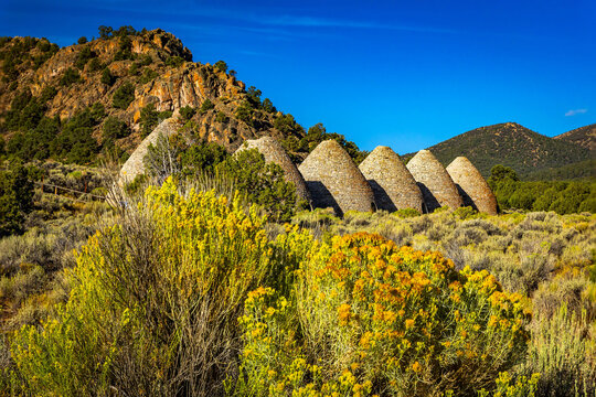 Row of historic stone Ward Charcoal Ovens in Nevada