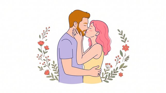 Couple kissing romantically with flowers
