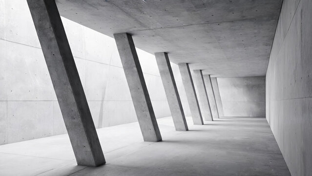 Empty minimalist concrete interior corridor with receding vertical columns, creating linear perspective in monochrome tones.