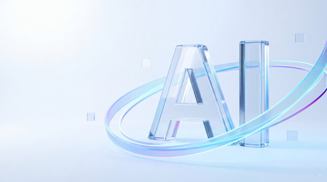Transparent glass AI letters with glowing neon data rings on soft blue background, futuristic artificial intelligence technology concept for innovation