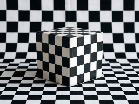 Minimalist black and white checkered cube on geometric background